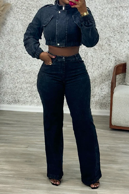 Elegant And Elegant Retro Zippered Denim Short Jacket & Pants Set