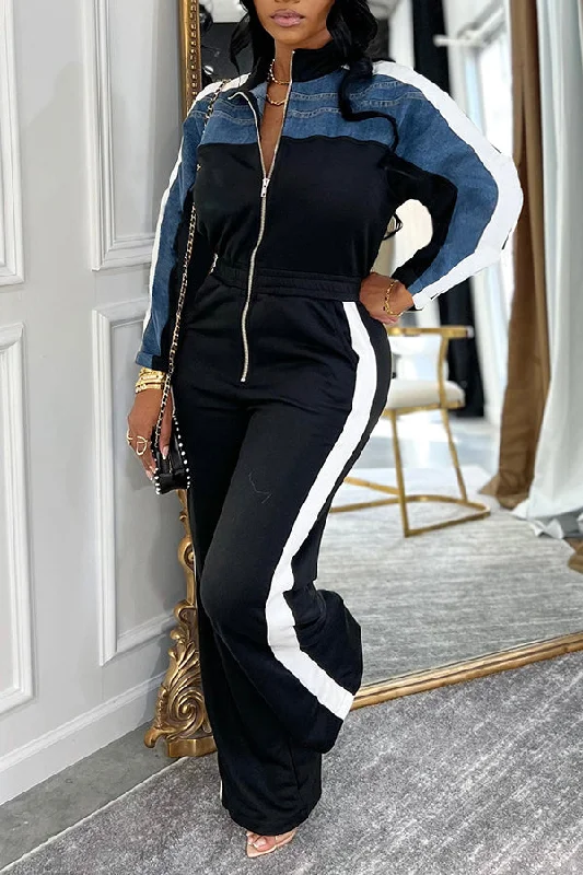 Knitted Design Stylish Denim Patchwork Color Blocked Zippered Jumpsuit