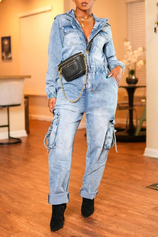 Relaxed Clothing Casual Washed Pocket Denim Jumpsuit