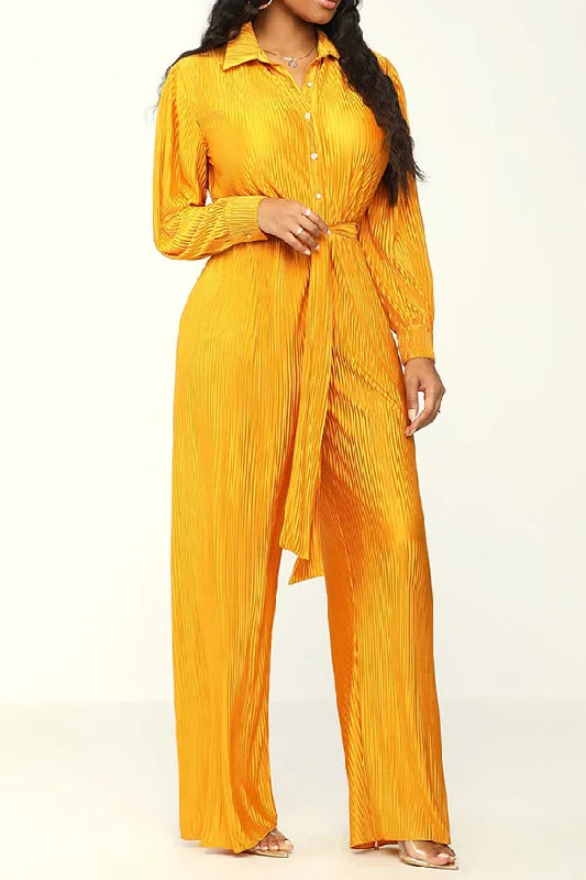 Integrated Design Solid Color Crinkled Button Up Jumpsuit