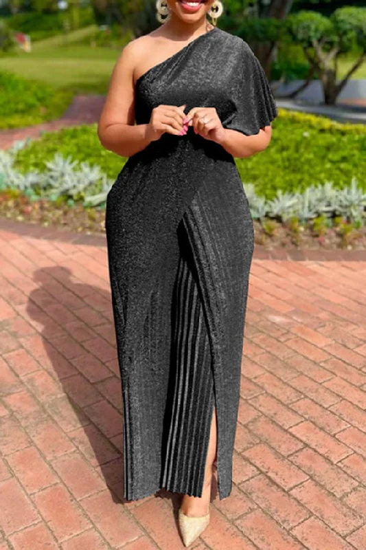 New Season Series One Shoulder Glitter Pleated Jumpsuit