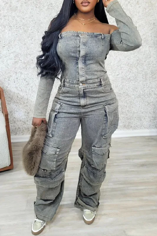 Relaxed Weekend Wear Unique Off Shoulder Workwear Denim Jumpsuit