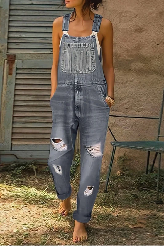 Daily Comfort Casual Pocket Ripped Denim Overalls