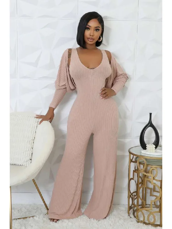 Design Trend Rib Puff Sleeve Shrug V Neck Jumpsuit 2 Piece Sets
