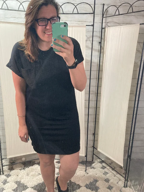 Classic Style Ribbed Striped Short Sleeve Mini Tee Dress