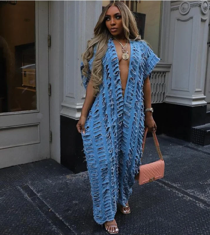 Advanced Customization Ripped Deep V Neck Wide Leg Denim Jumpsuits