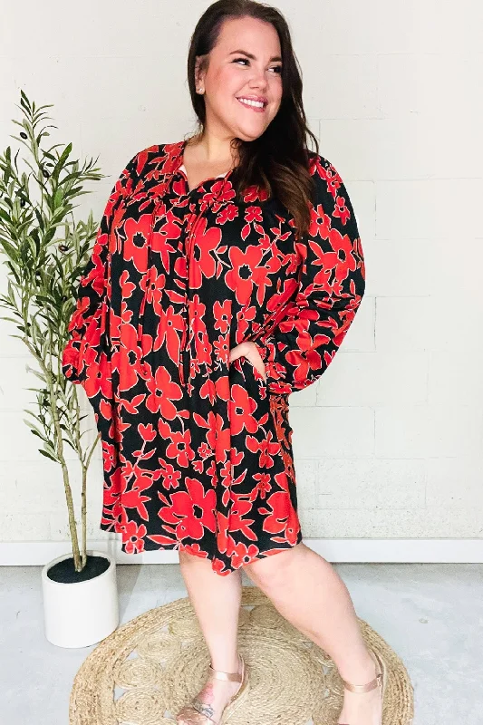 Trendy Casuals Boldly You Rust & Black Floral Print Front Tie Dress