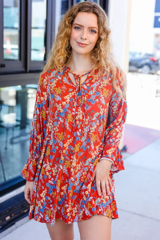 Soft Casuals Under Your Spell Rust Floral Tie Front Elastic Bell Sleeve Dress