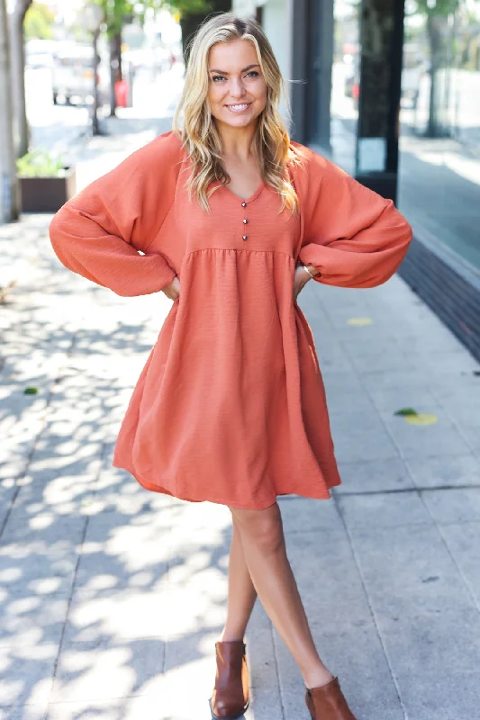 Casual Comfort Beautiful You Rust Woven Waffle V Neck Babydoll Dress