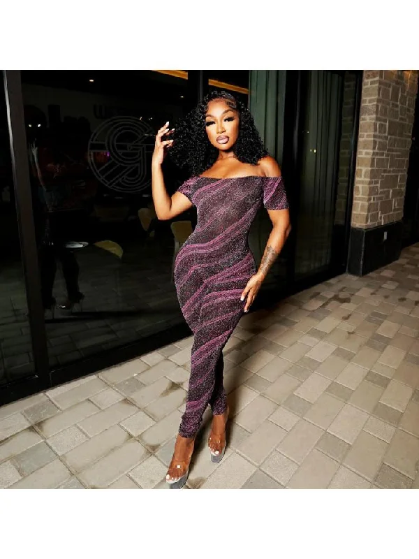 Casual Fit Wear Shiny Striped Off Shoulder Jumpsuits