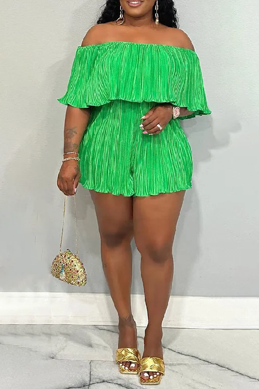 Simple Design Vacation Style Crinkled Off Shoulder Ruffle Romper