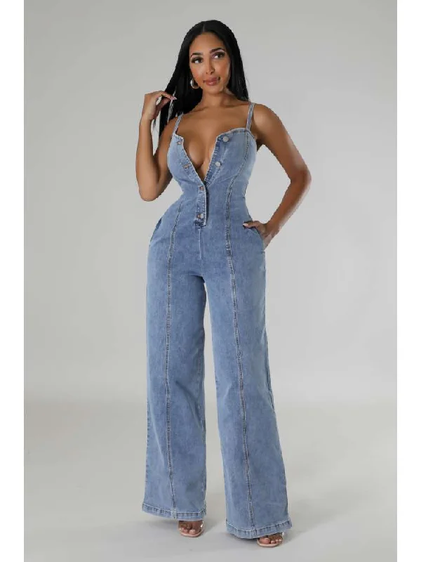 Summer Selection Sleeveless Denim Buckle Wide Leg Jumpsuits