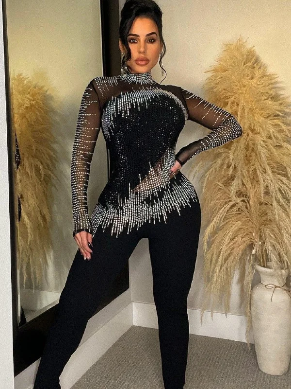 Classic Style Solid Color Rhinestone Long Sleeve Long Pants Jumpsuit