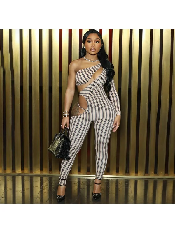 Exquisite Design Striped Hollow-out One Shoulder Jumpsuits