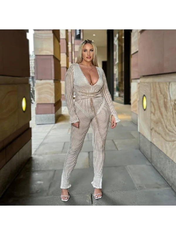 Elegant Fit Striped Tie-wrap Deep V Neck Knitted Jumpsuits