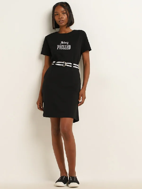 Sporty Wear Studiofit Black Text Design Straight Cotton Dress with Belt