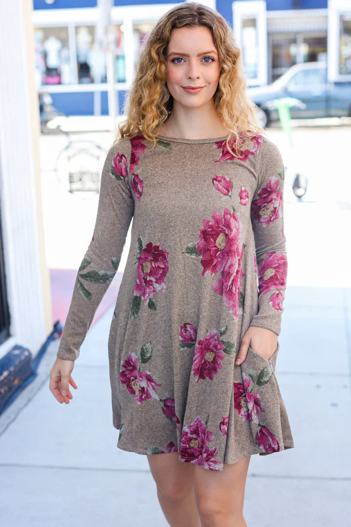Relaxed Dresses True Love Taupe & French Rose Floral Print Long Sleeve Dress