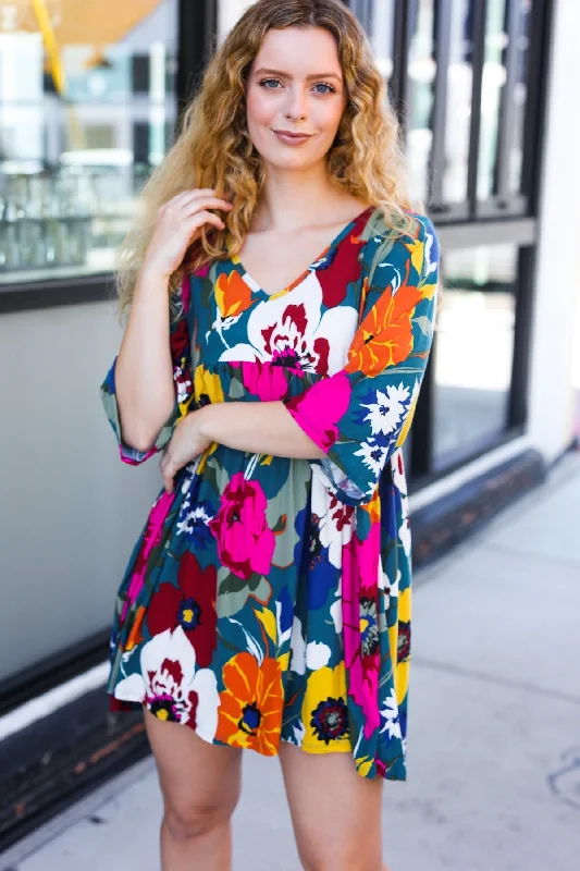 Comfortable Chic Hello Beautiful Teal Floral Print V Neck Babydoll Dress