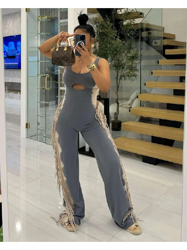Urban Chic Tie Dye Fringe Hollow Out Jumpsuit