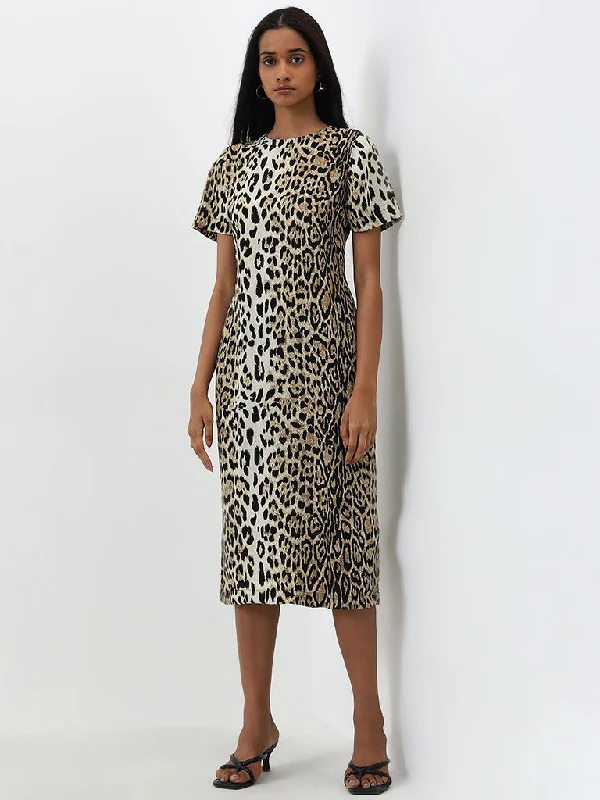 Elegant Style Wardrobe Beige Animal Printed A-Line Dress