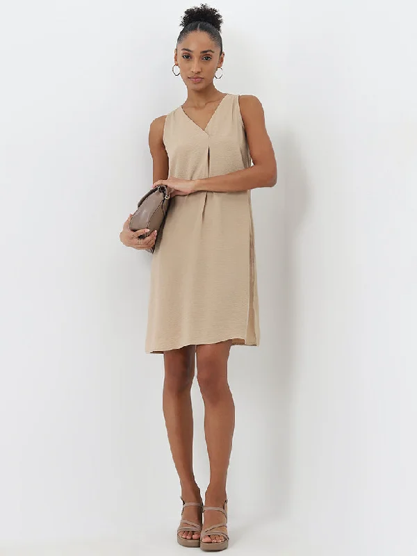 Casual Elegance Wardrobe Beige Textured A-Line Dress
