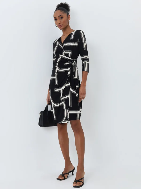 Soft Wear Wardrobe Black Abstract Printed Wrap Dress