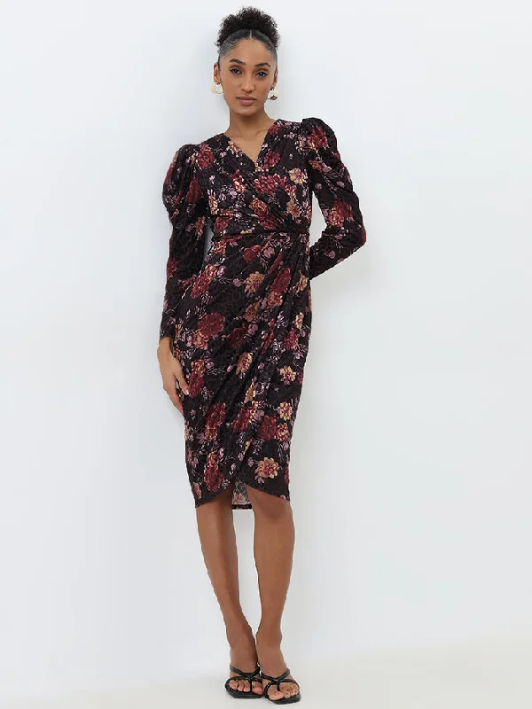 Simple Style Wardrobe Black Floral Print Wrap Dress