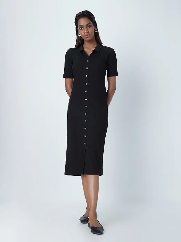 Casual Chic Wear Wardrobe Black Ribbed Shirt Dress