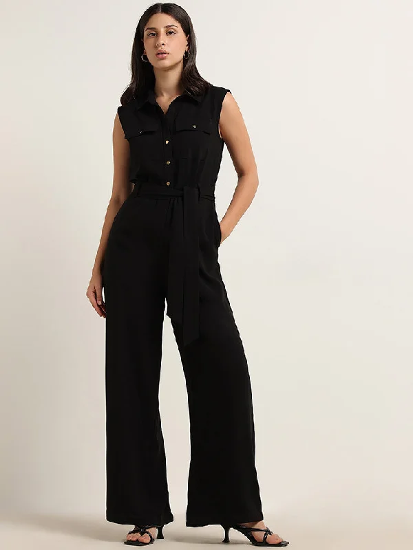 Cozy Fit Wear Wardrobe Black Solid Jumpsuit with Belt