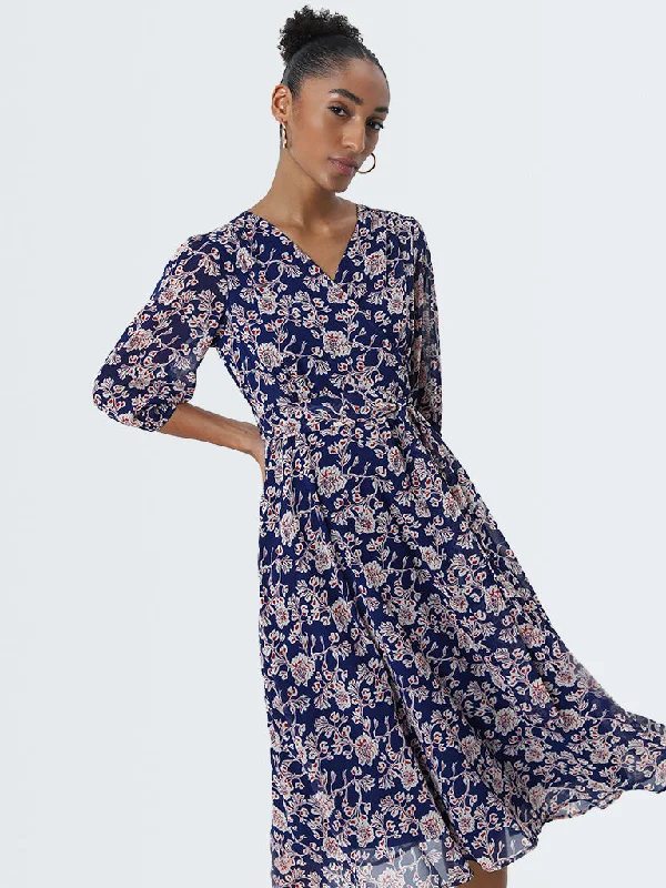Light And Breathable Wardrobe Blue Floral Printed Wrap Dress with Belt