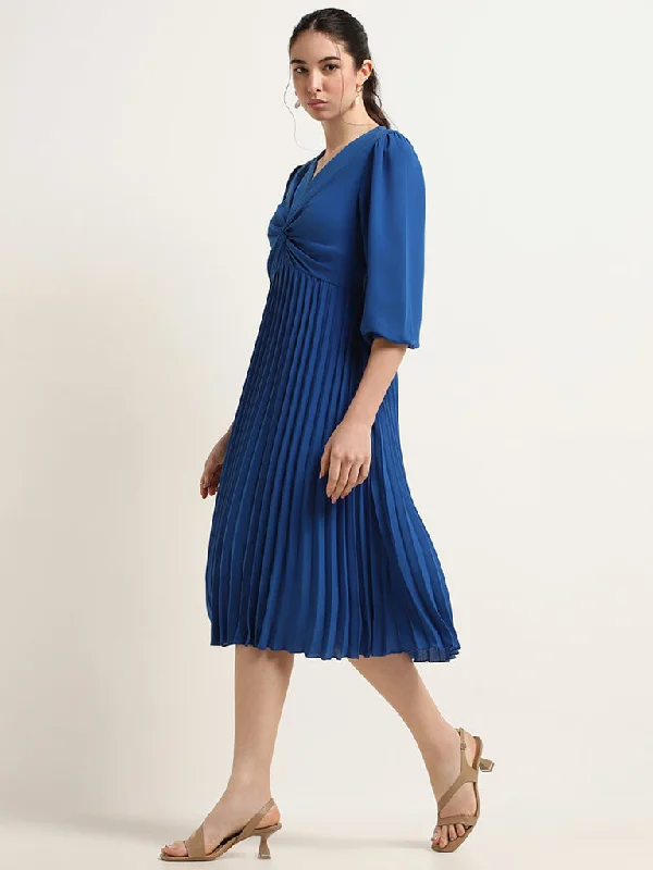 Modern City Wardrobe Blue Pleated A-Line Dress