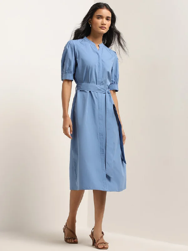 Easy Style Wardrobe Blue Solid Straight Dress with Belt
