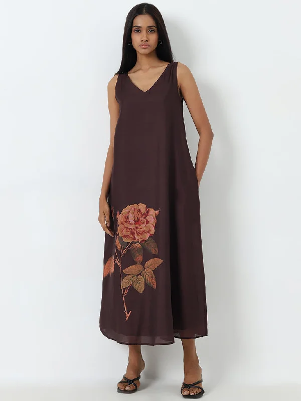 Low-key Luxury Wardrobe Brown Floral Printed A-Line Dress