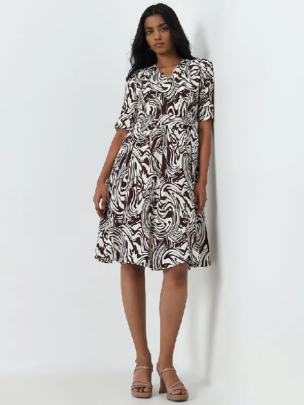 Timeless Outfits Wardrobe Brown Marble Print A-Line Dress with Belt