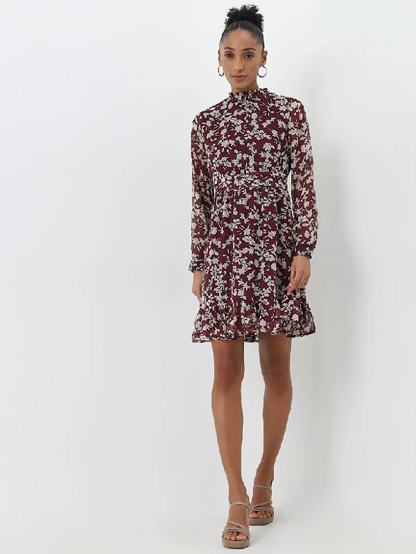 Smart Comfort Wear Wardrobe Burgundy Floral Printed A-Line Dress with Belt