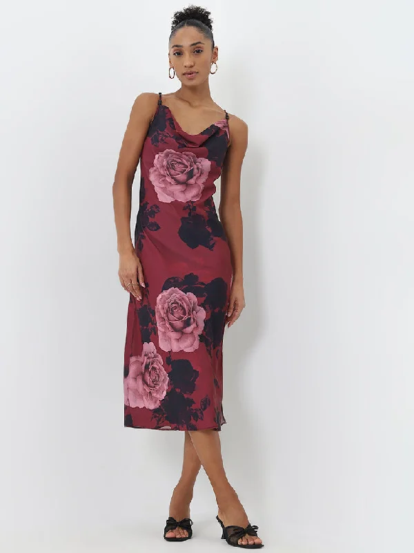 Basic Comfort Wardrobe Burgundy Floral Printed Slip Dress