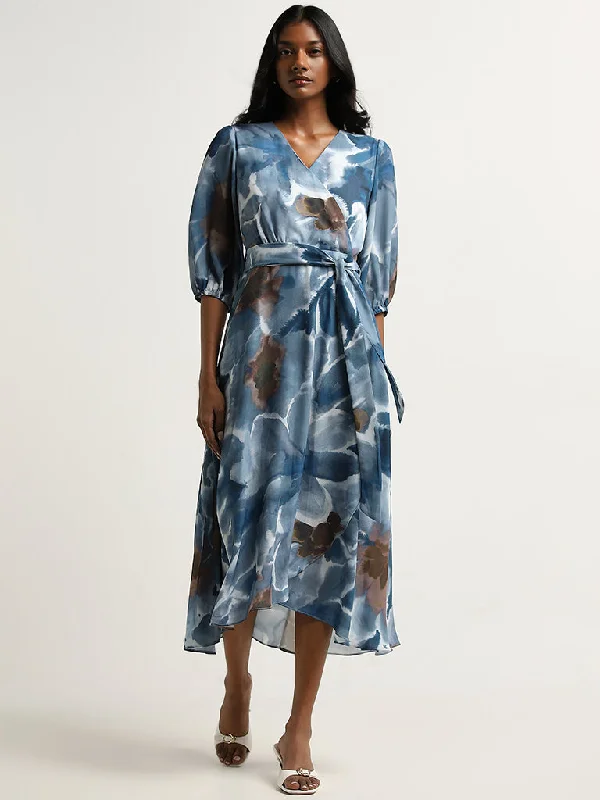 Leisure Sports Wardrobe Dusty Blue Foliage Printed A-Line Dress with Belt