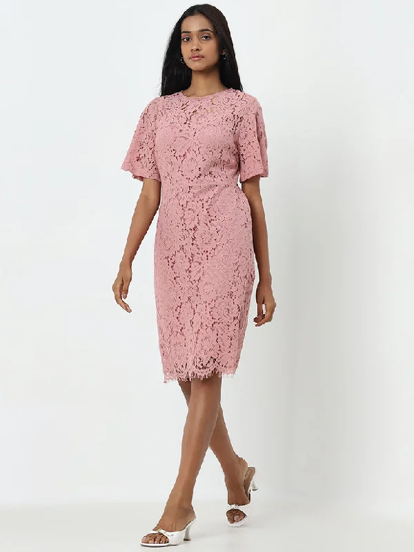 High Street Fashion Wardrobe Dusty Pink Floral Lace A-Line Dress