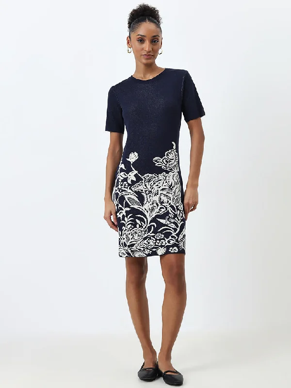 Printed Patterns Wardrobe Indigo Floral Printed Straight Dress