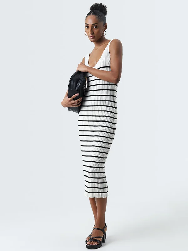Fashion Expert Wardrobe Ivory Striped Design Bodycon Dress