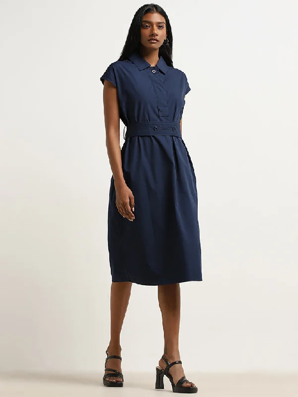 Sporty Elegance Wardrobe Navy Solid Cotton Shirt Dress with Belt