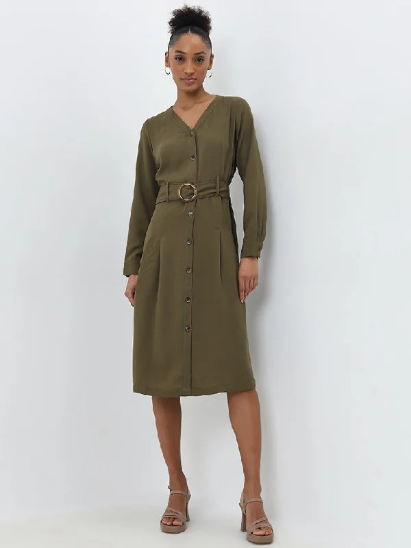 Ultra-lightweight Wardrobe Olive A-Line Dress with Belt