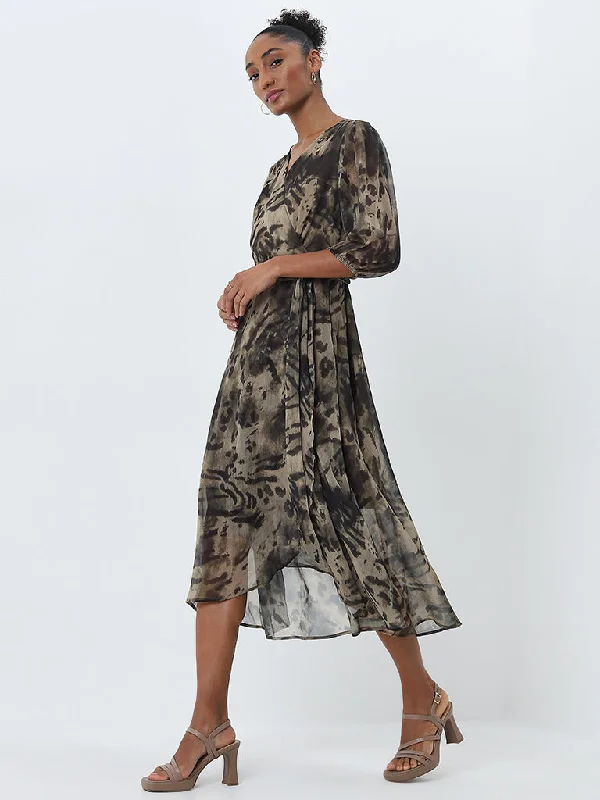 Cozy Dress Wardrobe Olive Abstract Design Wrap Dress with Belt