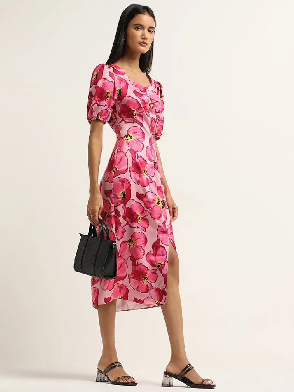 Wardrobe Pink Floral Printed A-Line Dress