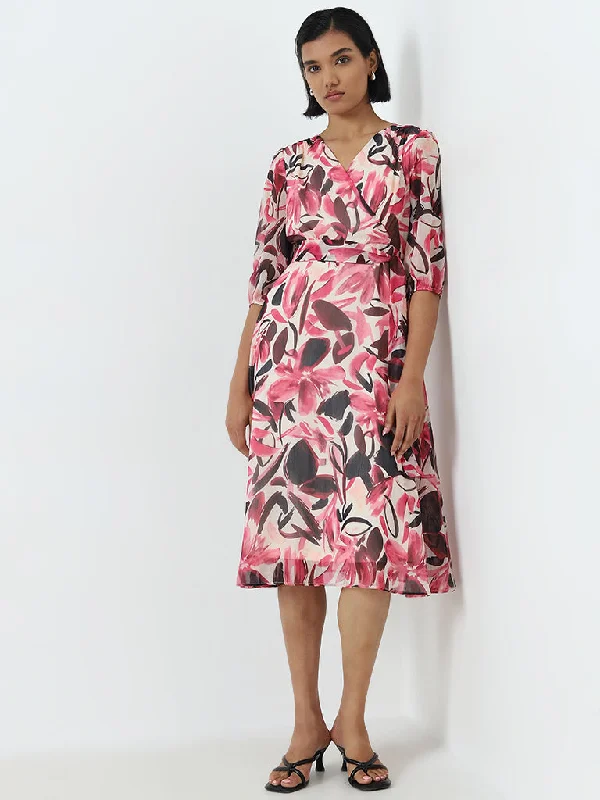 Cozy Footwear Wardrobe Pink Leaf Design Wrap-Style Dress