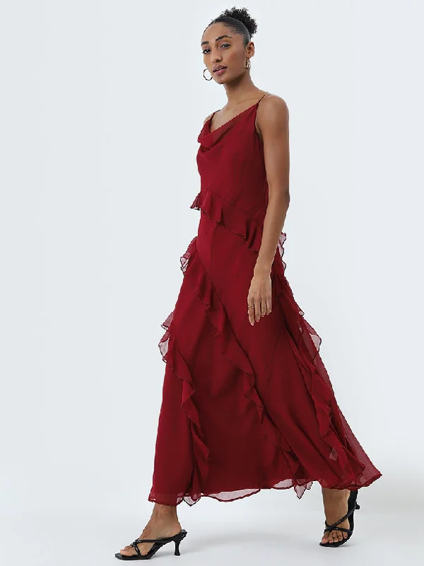High Street Fashion Wardrobe Red Ruffle Detailed A-Line Dress