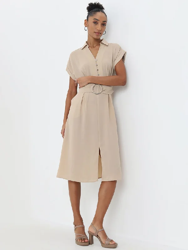 Exquisite Craftsmanship Wardrobe Solid Beige A-Line Dress with Belt
