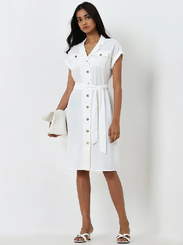 Luxury Customization Wardrobe Solid Off-White A-Line Dress with Belt