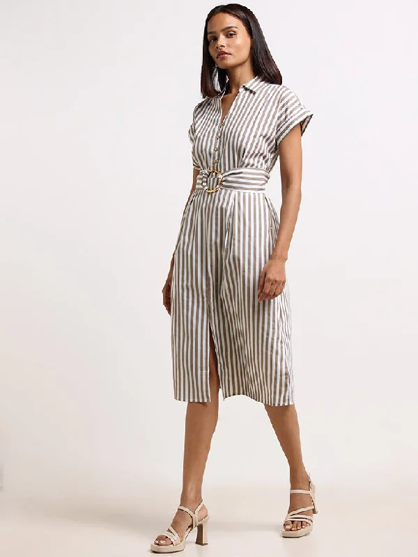 Design And Tailoring Wardrobe Taupe Striped Cotton A-Line Dress