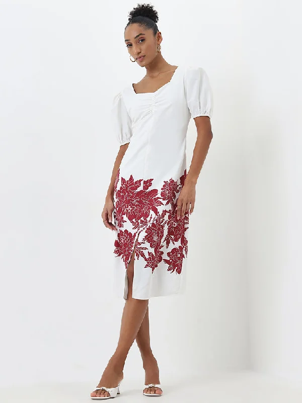 Fashion Design Wardrobe White Floral Printed A-Line Dress